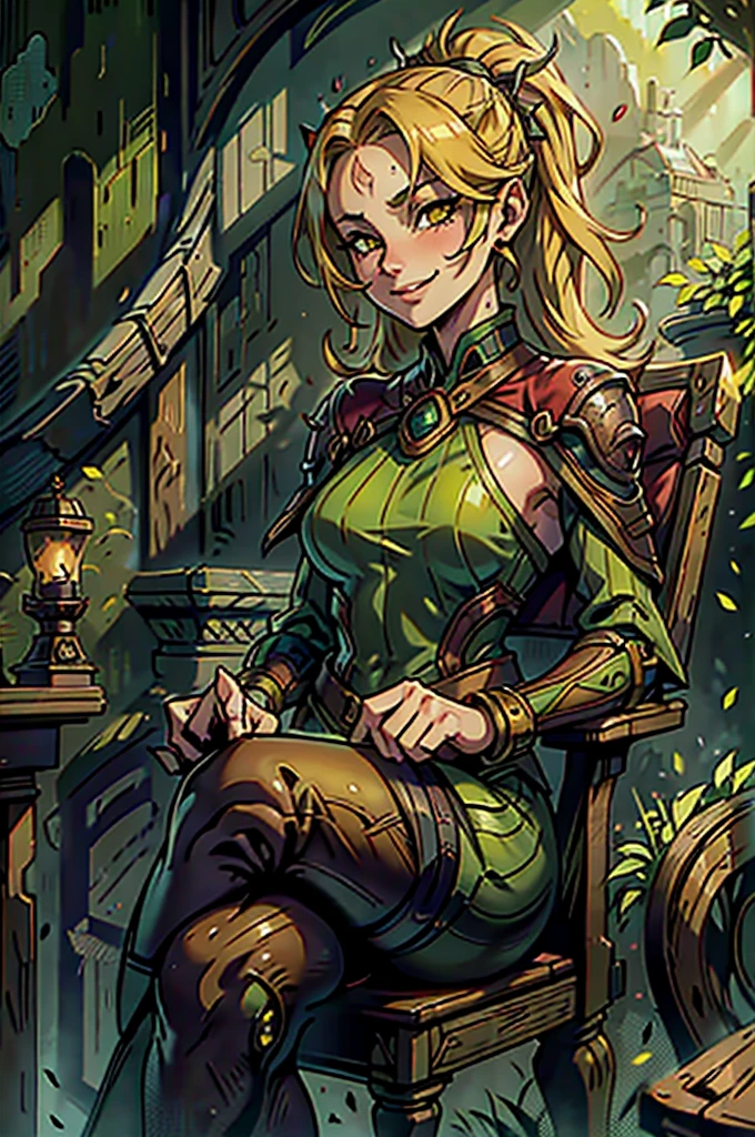 1girl, solo, , loose blond hair, wearing velvet red leggings and green sweather, sitting on a chair in classroom, crossing legs, smiling embarassed, side view, bare forehead, hooked nose, puffy cheeks, small breast, alluring, flirty, confident, scornful look, malicious smirk, detailed face, detailed yellow eyes, detailed irises, thick fleshy lips, medieval, high res, best quality, ultrasharp, 8K, cinematic, green wall behind