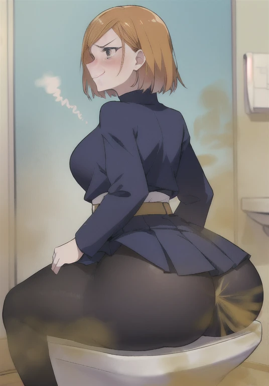 ((kugisaki nobara)),((velocity)),Yellow smoke,Attacked by farts, (((Women sit while lifting the skirt),sticking out the butt,velocity,(Yellow smoke is rising),i'i'i'i'i'i'bathroom)),((One Woman)),((A girl smells a fart and smiled faintly)),((fart while grimaced)),take a on toilet,sit on toilet,((blushing)),(masterpiece:1.2、top-quality)、(the Extremely Detailed CG Unity 8K Wallpapers、ultra-detailliert、Best Shadows)、(细致背景)、(The best lighting、extremely delicate and beautiful)、depth of fields、1girl in、独奏、looking arround her,Women wear jujutsu school uniform,Ephemeral,,(brownhair),(jujutsu outfit)),((((Girl is embarassed when she smells the bad smell of farts)))),outfit like a jujutsu witch,((((profile facing diagonally)))),((i'I closed my mouth with hand feel embarassed...)),(()),((embarassing look)),((massive fart)),((fart text))