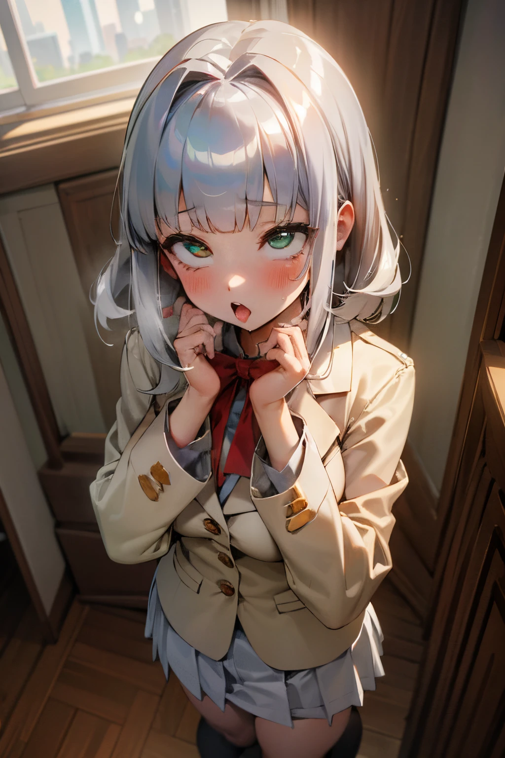 ((Masterpiece)), (Professional Photography:1.2), (High Definition:1.3), best quality, 8K, (from above), Textured skin, cinematic lighting, (1girl), short stature, ((cute teenage young girl)), (very blunt bangs, slightly loose curls hair, breasts length hair, high details of pale silver hair), ((ahegao)), brilliant green eyes, drooping eyes, ((hands on breast)), slender waist, undress slovenly, (pale Ivory color blazer student's uniform, white blouse, brown skirt), blue cityscape, red string ribbon