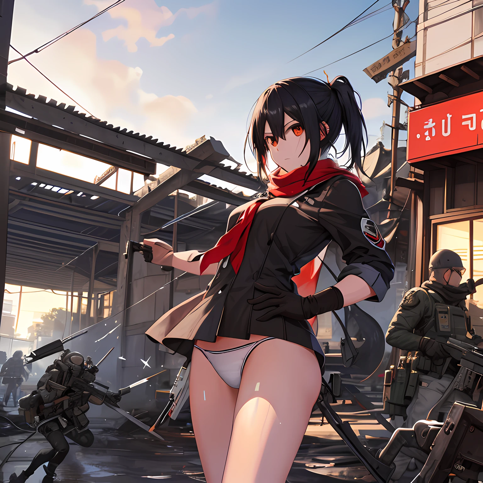 top-quality,tmasterpiece,8K,north african free trade area\,Best quality,1 girl in,planning_ackerman,transparent panty,Wet panties,white  panties,red neckchief,skyporn,Brody,Posture with legs apart,action art,aiming at enemy,embarrased face,Shy face,Ruddy cheeks,sinister time,butyric acid,Maximalism,Impact art,废墟,