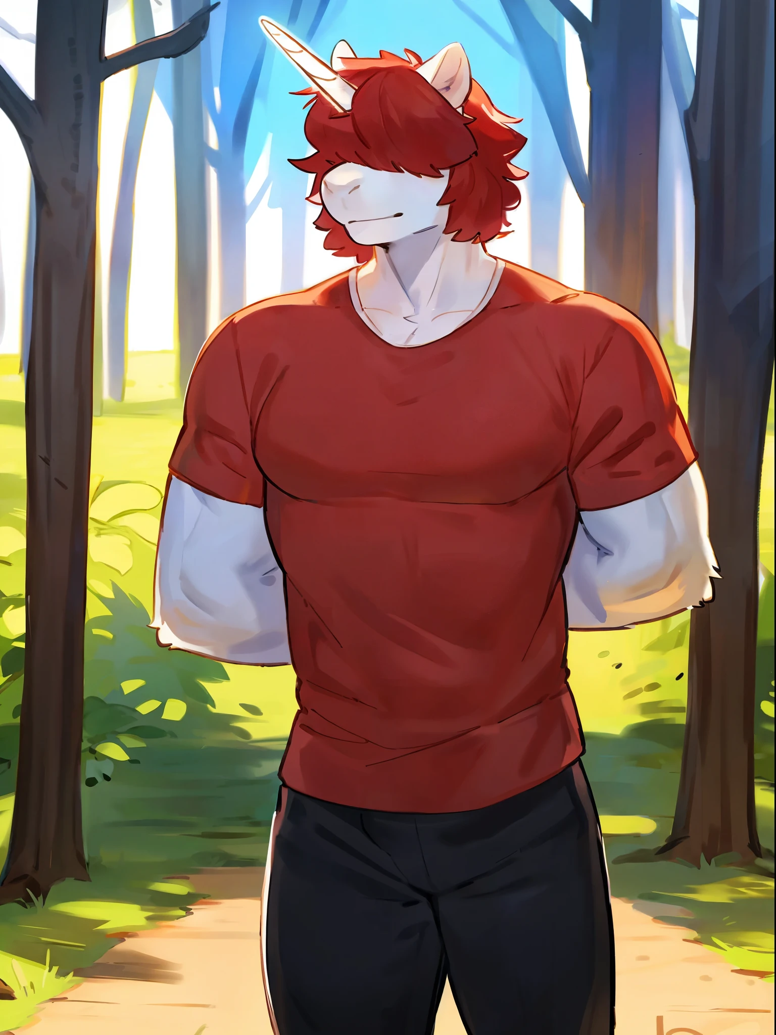 Solo, male, unicorn, white fur, red hair, hair over eyes, short hair, lean, muscular, athletic, by bebebebebe, by lostgoose, by goonie-san, standing, hands behind back, red shirt, black pants, bright fairy forest