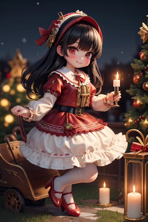 masterpiece, best quality, a girl smiling slouching on steampunk sleigh, (black hair), christmas (crop shirt), christmas skirt, white tights, (((red lolita pumps))), holding a steampunk candle, magical garden at night, magic sparkles floating,
