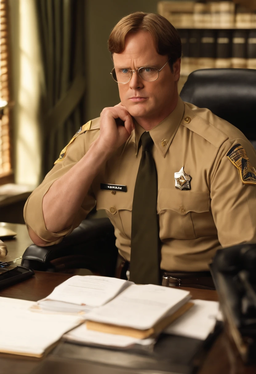 A photo of Dwight meticulously organizing his desk with military precision.,The Office,Dwight Schrute, another character from “The Office,” is known for his distinct, somewhat antiquated appearance: a stern expression, a rigid, formal posture, and usually dressed in a mustard-colored shirt and dark tie. His hairstyle is severe and practical, matching his no-nonsense attitude. , male