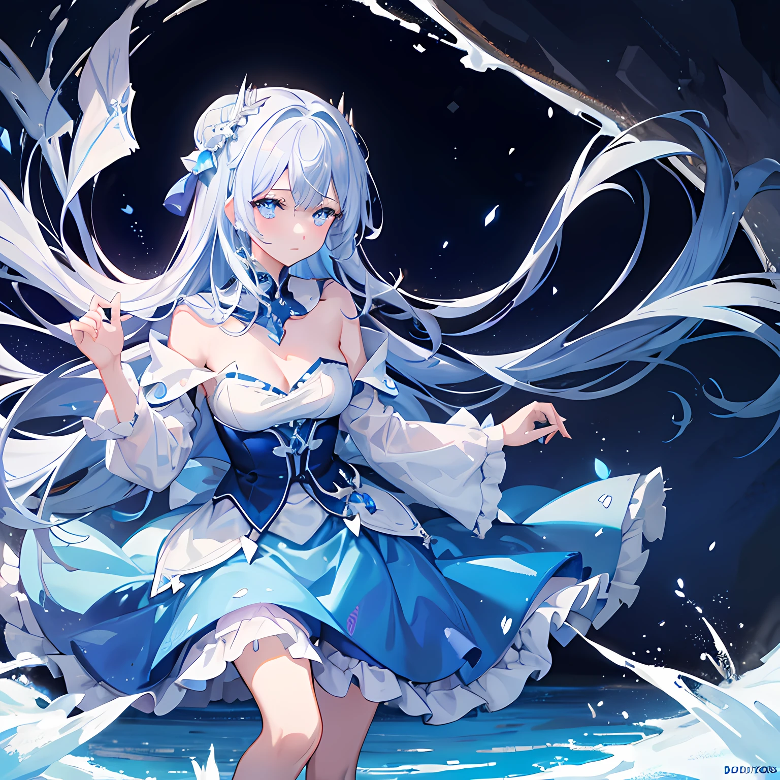 tmasterpiece，Best quality at best，one-girl，Alone，Icy cold，blue skirts，A princess，nobles，apathy，There was a trace of sadness in his eyes，abundant cleavage，Barefoot，Blue-white gradient hair，Float on snow-covered water，diadems