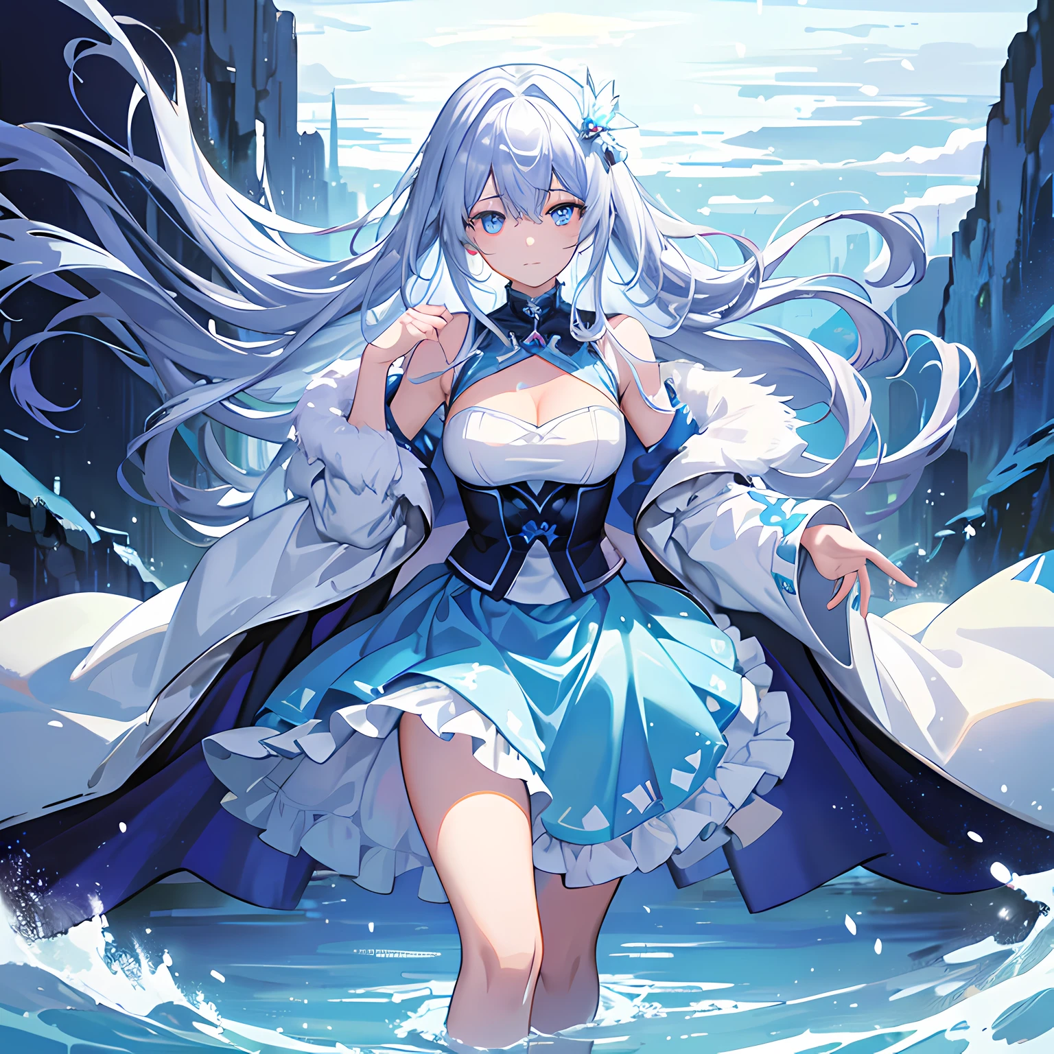 (Highest qualityの超高解像度, Tabletop, Highest quality, 8k, Super Detail, Highest quality, super high quality, Very detailed:1.4), (Ultra-realistic, Photorealistic:1.4), Real skin texture, Intricate details, (1 girl:2), (Slender body:1.2), (Petite body:1.8), (Petite body格:1.8), (Large Breasts:1.8), (Big frilly white dress:1.6), (Blue jacket:1.6), (Gloves:1.4), very cute, Great face and eyes、Beautiful lovely smile), (Very detailed美しい顔), Bright and shiny lips, (Teak cheek), Are standing,, Violet Evergarden