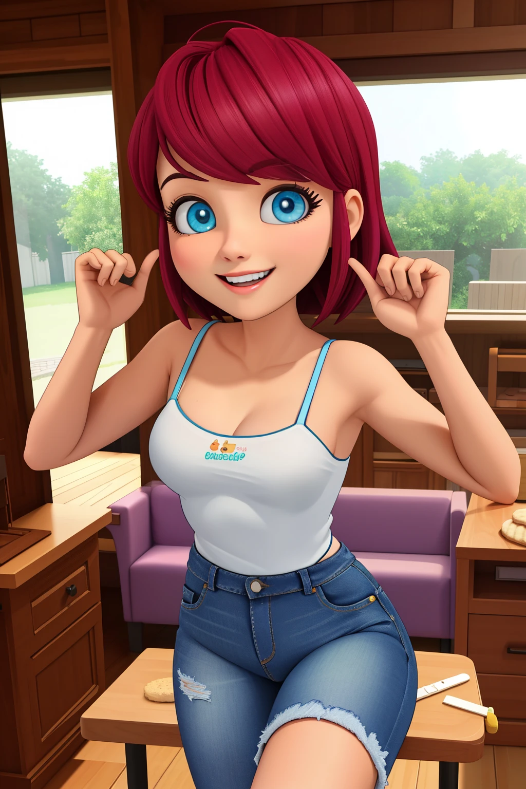 (8k, Foto RAW, best quality, master part:1.2), (detalhes intrincados), olhos perfeitos, rosto perfeito, perfect lighting, Beautiful, (master part:1.2), (best quality:1.2), 1girl, sozinho, Marinette, cabelos pretos, ((cabelos compridos para baixo)), torso adulto, 28 anos, leve sorriso, medium sized breasts, (jeans, camiseta branca com borboleta), segurando um molde de biscuit, 3DMM