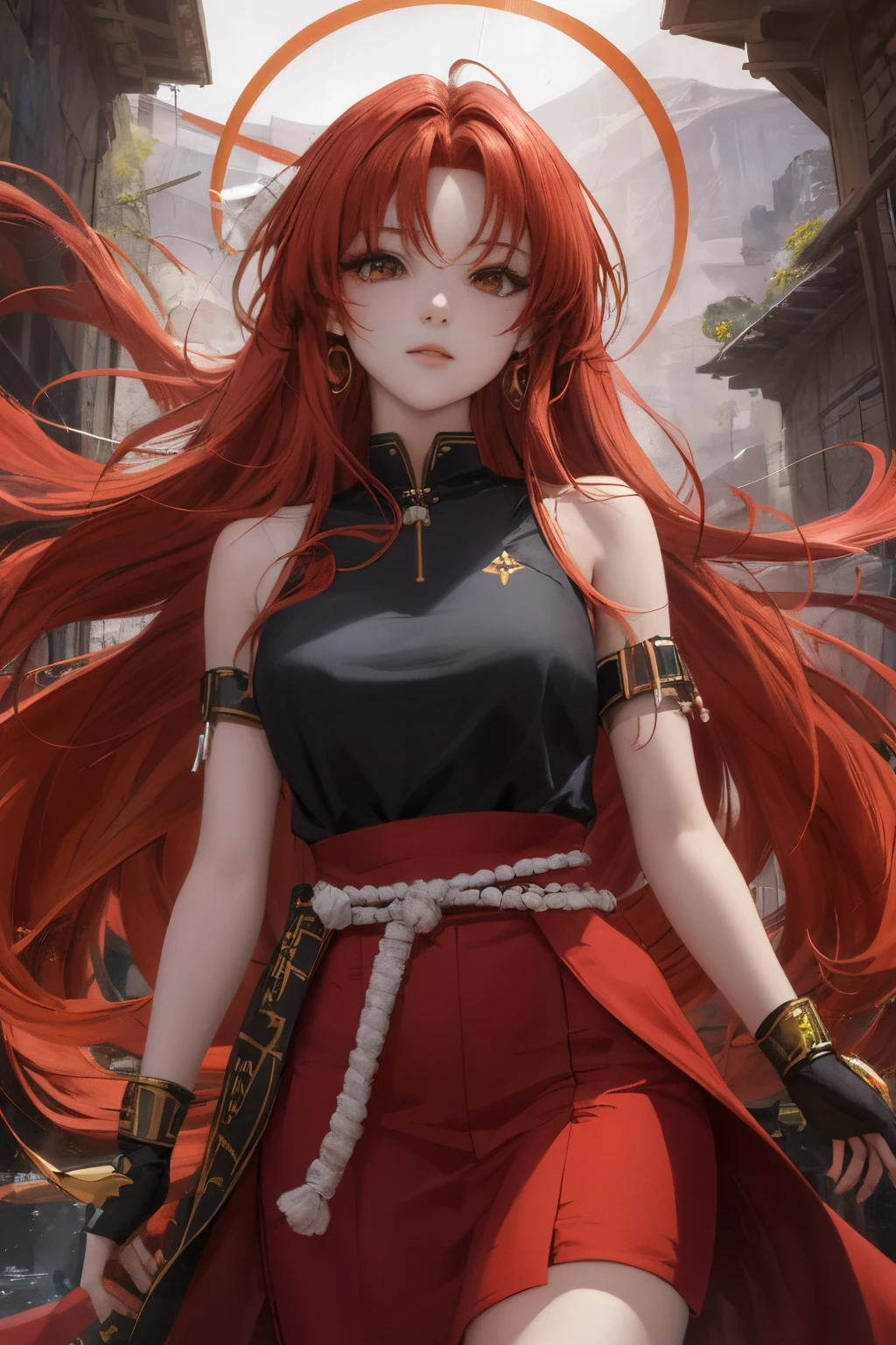 Ethereal, divine, anime girl, orange-red long hair, ninja, nature, war, colorful
