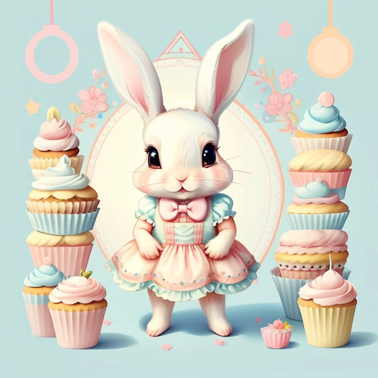 (cute baby rabbit with a colour bow and cupcakes), Munchkin ,Geometric multidimensional wall portrait, livro de arte, Tchibi,
Yang08k, Beautiful, Colouring,
Obras, of the highest quality, best quality, Arte Oficial, Beautiful and Aesthetic,