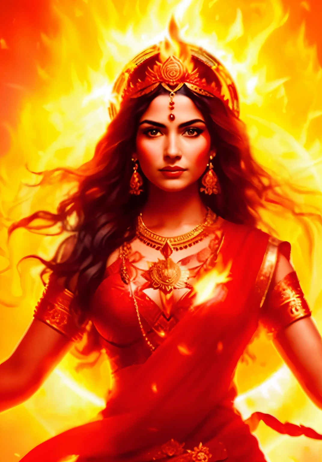 a woman in a red dress holding a sword and a flame, appears as the fire goddess, as the goddess of the sun, goddess of the sun, goddess of fire, indian goddess of wealth, fire goddess, hot fire goddess, beautiful goddess, the butterfly goddess of fire, the queen of the sun, indian goddess, a stunning portrait of a goddess