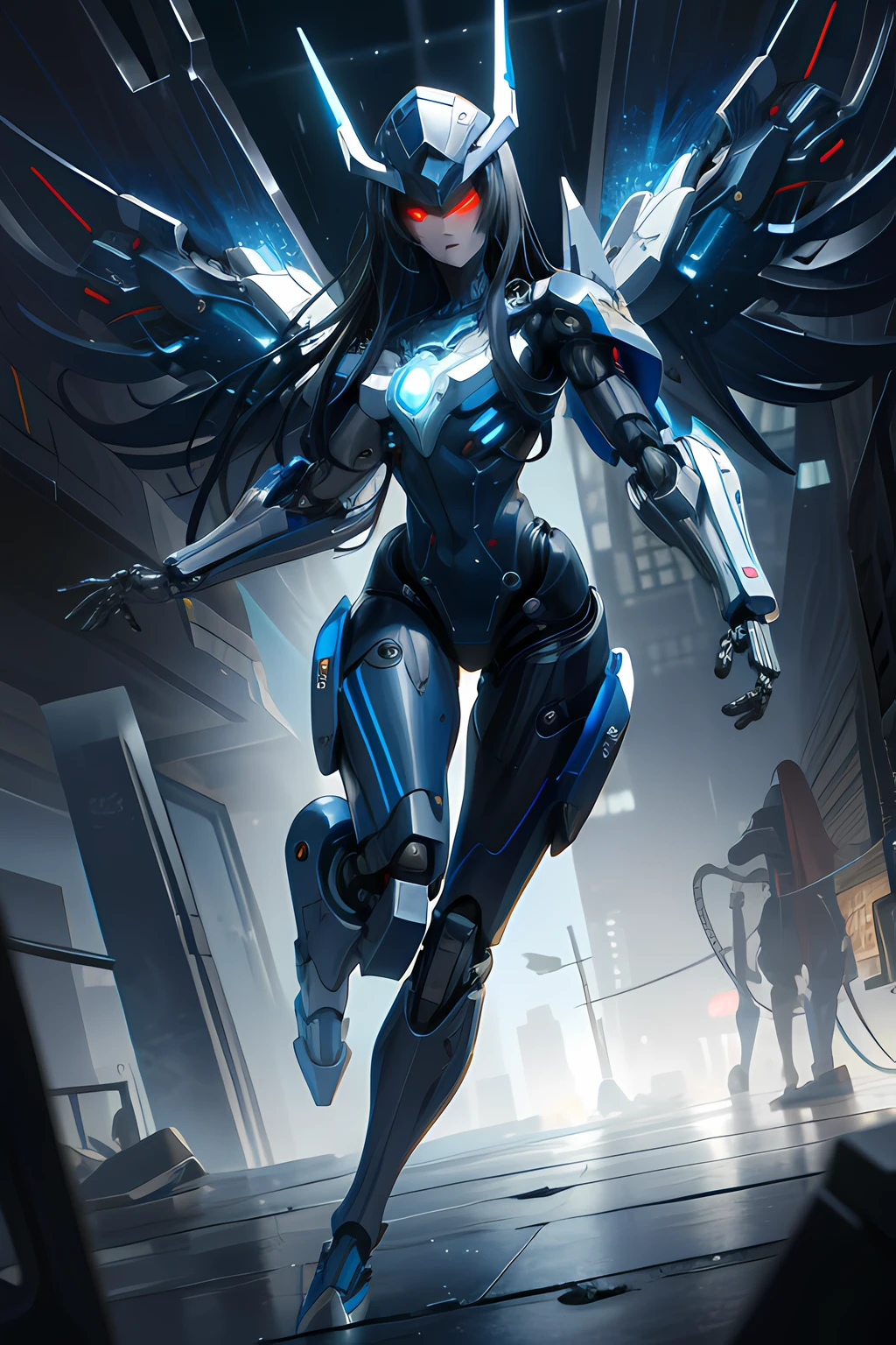 masterpiece,best quality,ultra-detailed,very detailed illustrations,extremely detailed,intricate details,highres,super complex details,extremely detailed 8k cg wallpaper, caustics,reflection,ray tracing, 1girl:1.4), solo, alone, (blue_theme:1.3), (grey_theme:1.3), (mecha musume, mechanical parts ,robot joints, mechanical arm, mechanical legs, headgear, intricate mechanical bodysuit, mechanical energy wings), (robes), very long hair, black hair, blue eyes, glowing eye, eye trail, random expressions, random action, tokyo, city, alley, dark alley, night time, raining, neon lights, detailed background, ((masterpiece)), absurdres, HDR, (Classic headshot pose), extremely detailed 8K wallpaper,cyberpunk city,masterpiece,highres,detailed manga illustration,