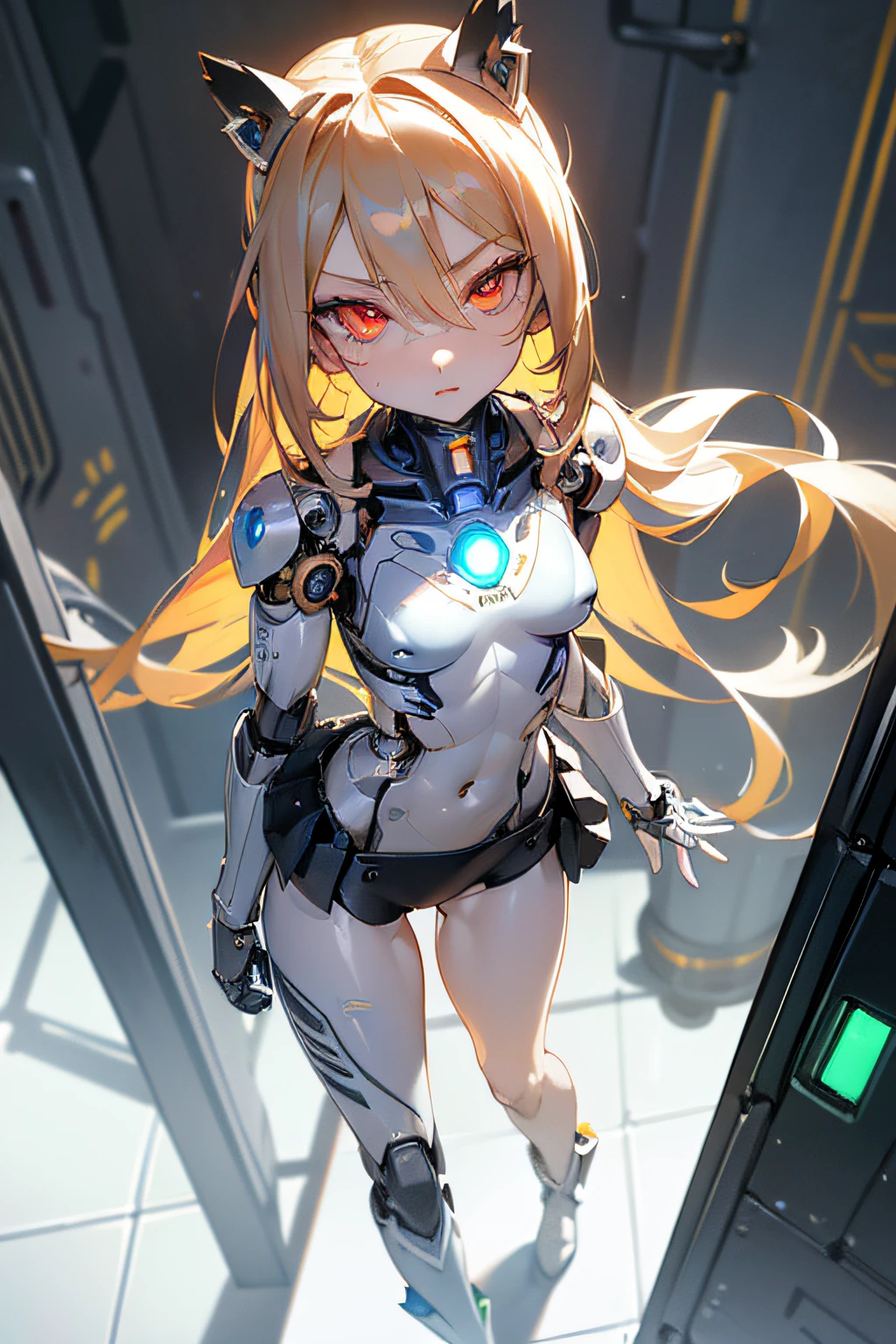 full-shot, Looking at the camera, Shot from above, (Strolling through the shopping district in the morning), (Cyborg girl:1.5), (Long blonde hair with bangs that reach between the eyes), Mechanical cat ears, (small power button on chest, Glowing blue), Leotard, thigh-high socks, (Mechanical Skirt Armor:1.5), long boots, (Red Eyes, glowing cyborg eyes:1.5, Crisp eyes), boyish face, (pale white metallic skin, Lustrous skin, bright skin), (Paint the body black:1.5), (Machine body:1.5), (Limbs of the machine:1.5), (Mechanical joints:1.5), (Bare shoulders:1.5), Lack of sleeves, (Bare thighs:1.5), (Exposed navel:1.5), Large breasts, Narrow waist