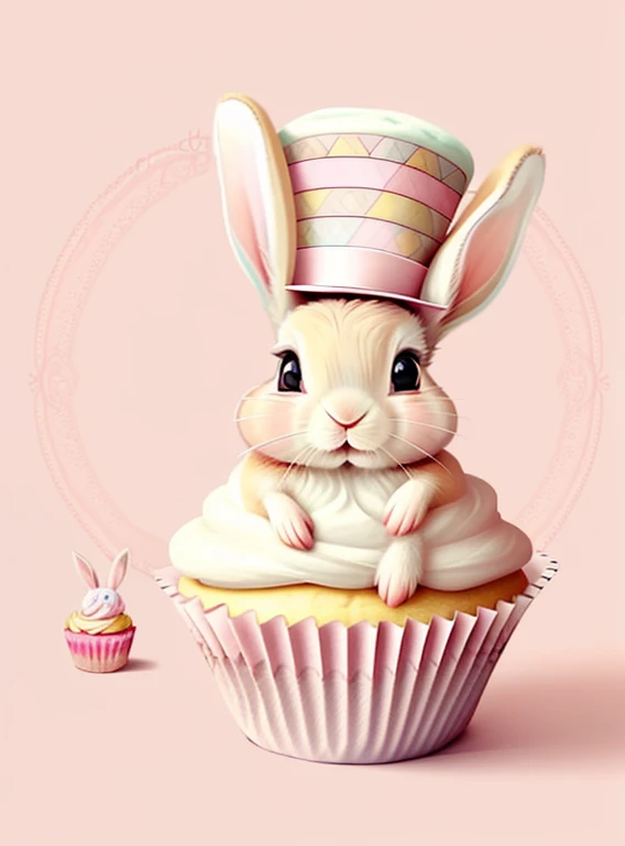 (cute  rabbit with a pink top hat and cupcakes), Munchkin ,Geometric multidimensional wall portrait, livro de arte, Tchibi,
Yang08k, Beautiful, Colouring,
Obras, of the highest quality, best quality, Arte Oficial, Beautiful and Aesthetic,