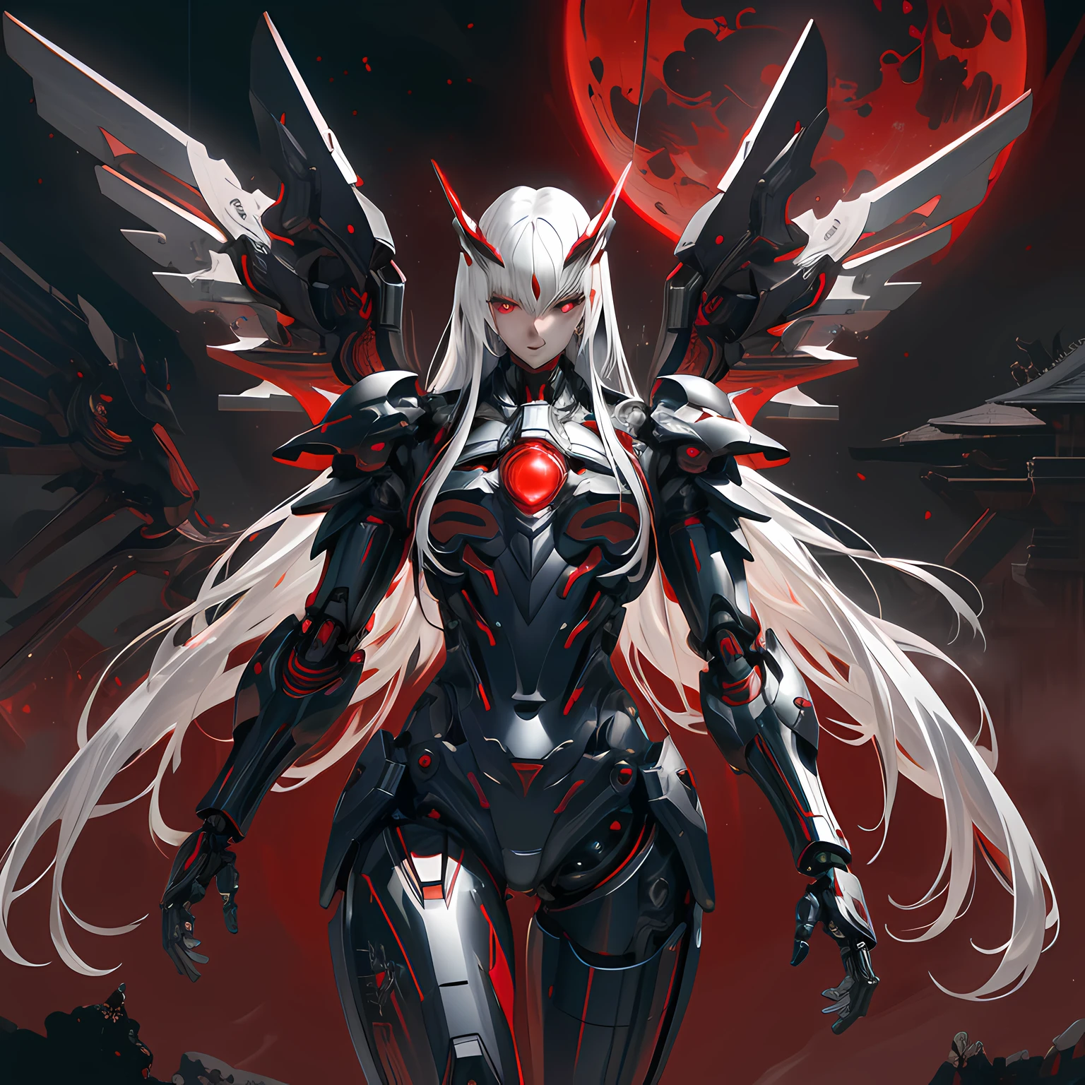 masterpiece,best quality,ultra-detailed,very detailed illustrations,extremely detailed,intricate details,highres,super complex details,extremely detailed 8k cg wallpaper,cowboy shot, caustics,reflection,ray tracing, (red_theme, black_theme:1.3), 1girl:1.4), solo, alone, (mecha musume, mechanical parts ,robot joints, mechanical arm, mechanical legs, headgear, intricate mechanical bodysuit, full armor, red mechanical wings), very long hair, silver hair, white hair, red eyes, glowing eye, eye trail, random expressions, random action, ancient japanese architecture, pond, starry sky,skyline, moon lit, detailed background, ((masterpiece)), absurdres, HDR,