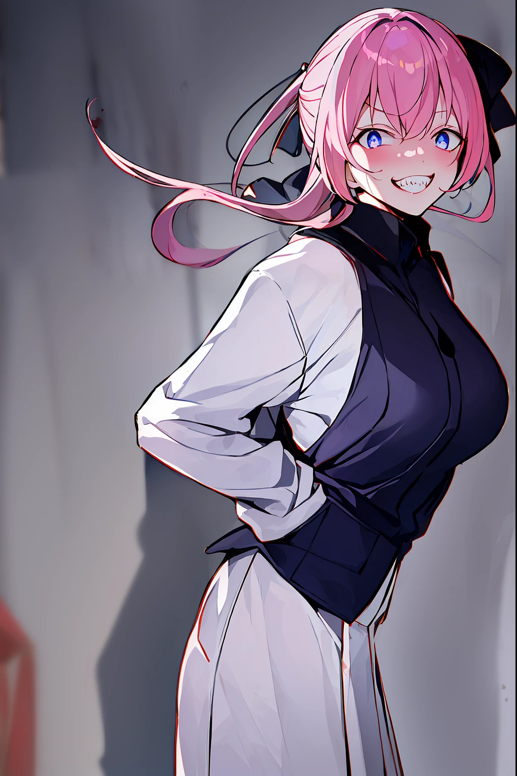 masterpiece, best quality, absurdres, greyscale
BREAK gesugao, (evil smile:1.1), looking at viewer, sharp teeth, (crazy blue eyes with small pupils:1.2), yandere, pink hairs,
BREAK Kaguya_Shinomiya, shuuchiin_academy_school_uniform, long sleeves, looking down, (shaded face:1.2), black dress, (blood splatter:1.1)