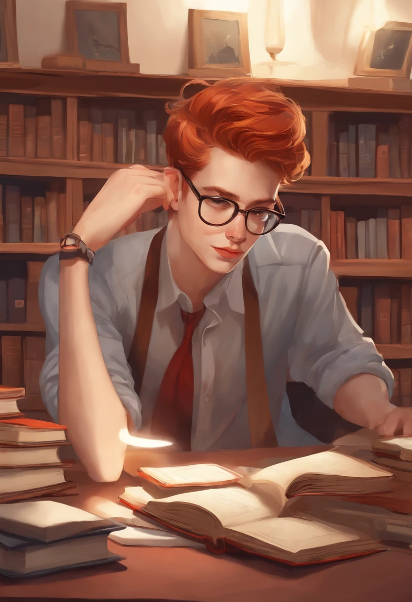 A photo of a person sitting in a quiet library, surrounded by stacks of books.,original,Appearance:[male, red hair, red beard, brown eyes, pale skin, square-framed glasses, button-up shirts, dress slacks, Scandinavian in appearance, thin, slender, tall]
Alternate:[male, red hair, red beard, brown eyes, pale skin, square-framed glasses, V-neck T Shirts, athletic pants, Scandinavian in appearance, thin, slender, tall]
Alternate:[male, red hair, red beard, brown eyes, pale skin, square-framed glasses, sweaters, jeans, Scandinavian in appearance, thin, slender, tall]
, male