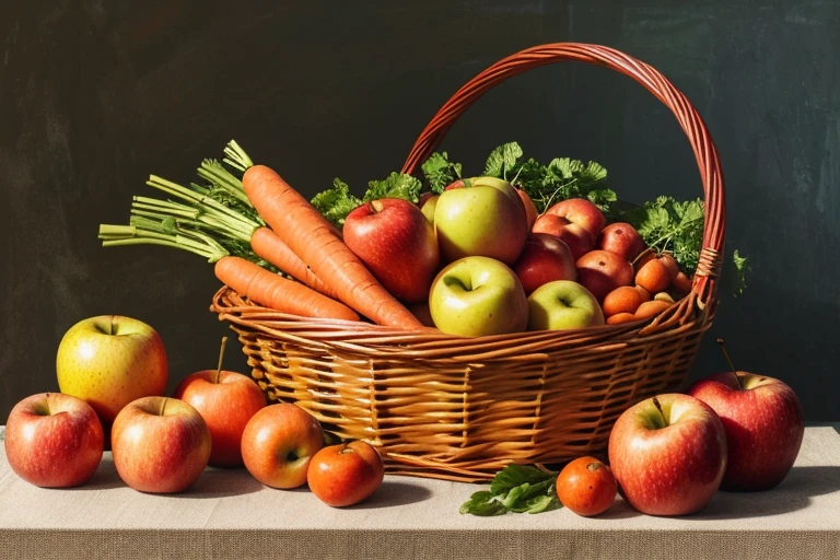 (high-quality:1.2)(ultra-detailed)(realistic:1.37),oil painting,a girl holding a fruit basket, vibrant colors, sunny lighting, juicy apples, fresh carrots, a rustic wooden table, a bountiful harvest, elegant feathers scattered on the table, autumn vibes, mouth-watering fruits in a basket, the girl's joyful expression, golden morning sunlight, detailed textures of the fruits and vegetables, a touch of realism, bright orange carrots, shiny red apples, delicate basket weaving, soft feathers delicately placed next to the fruits, a sense of abundance and nature, fine brushstrokes portraying the scene.