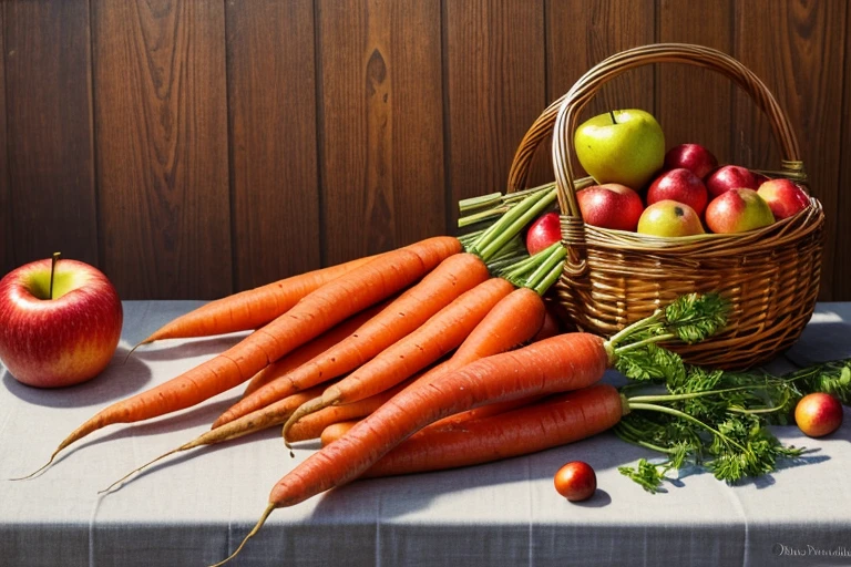 (high-quality:1.2)(ultra-detailed)(realistic:1.37),oil painting,a girl holding a fruit basket, vibrant colors, sunny lighting, juicy apples, fresh carrots, a rustic wooden table, a bountiful harvest, elegant feathers scattered on the table, autumn vibes, mouth-watering fruits in a basket, the girl's joyful expression, golden morning sunlight, detailed textures of the fruits and vegetables, a touch of realism, bright orange carrots, shiny red apples, delicate basket weaving, soft feathers delicately placed next to the fruits, a sense of abundance and nature, fine brushstrokes portraying the scene.