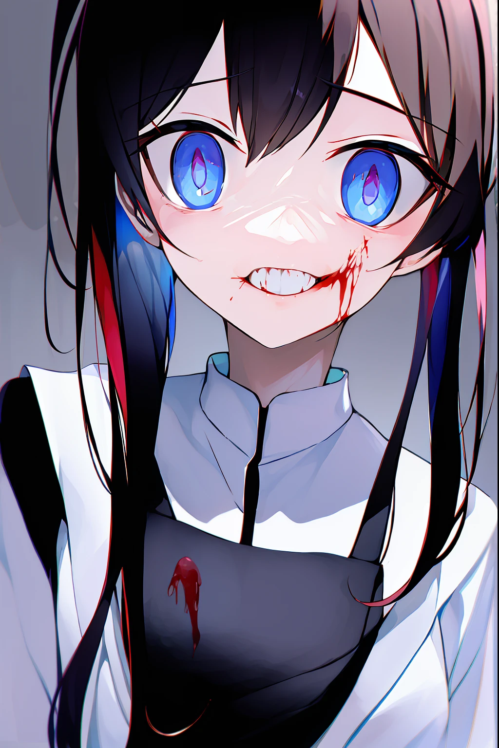 masterpiece, best quality, absurdres, greyscale
BREAK gesugao, (evil smile:1.1), looking at viewer, sharp teeth, (crazy blue eyes with small pupils:1.2), yandere, pink hairs,
BREAK Kaguya_Shinomiya, shuuchiin_academy_school_uniform, long sleeves, looking down, (shaded face:1.2), black dress, (blood splatter:1.1)
