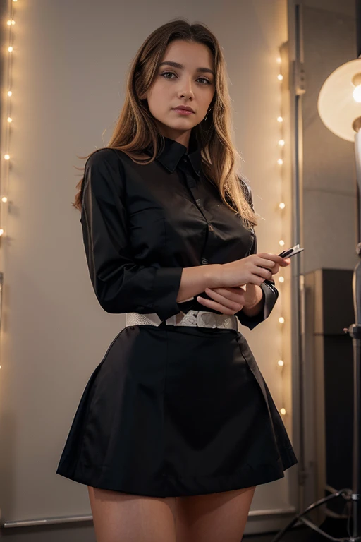 Créer une illustration numérique d'une chanteuse éblouissante sur scène. Elle mesure environ 1m60 et est vêtue d'une tenue captivante pour sa performance musicale. Étant une artiste, elle projette une présence confiante et belle tout en portant une tenue qui reflète son style musical. Assurez-vous de mettre en valeur son talent et son charisme pendant qu'elle se produit, tout en maintenant une esthétique artistique.