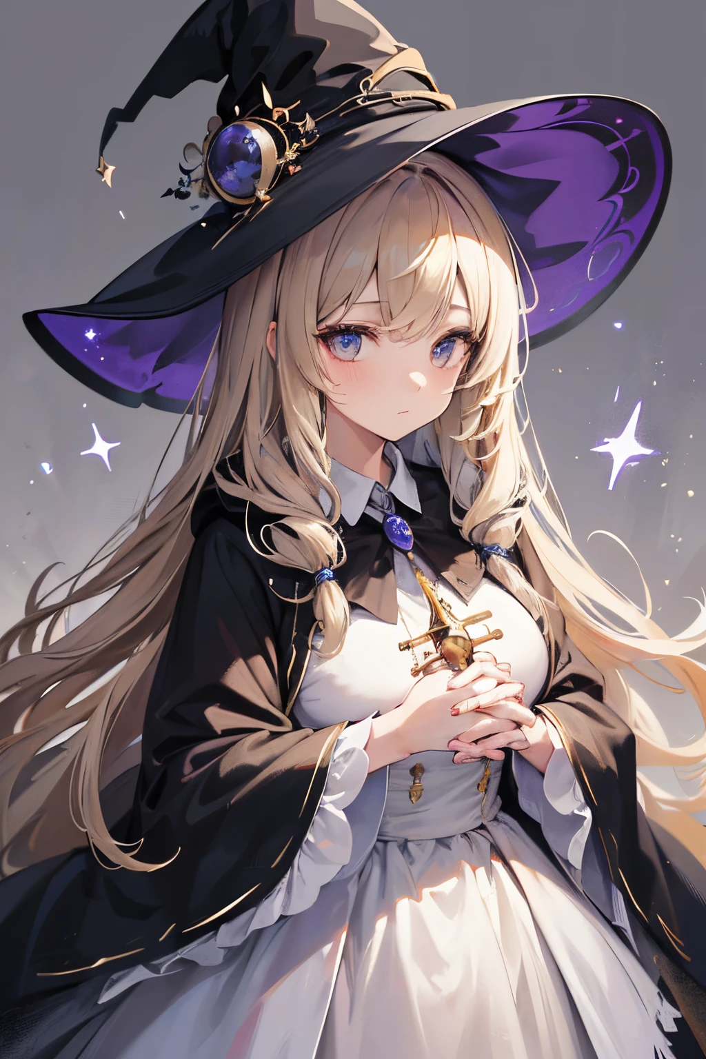 ((Masterpiece)), (RAW photo: 1.2), (Professional Photography:1.2), (High Definition:1.3), One lady, ((the witch)), fluffy hair, One woman with long beige hair, ((the witch)), fluffy hair, Beige long hair, Witch&#39;robe and fluffy skirt, ((He has a big magic wand in both hands.:1.3)), (Beautiful Black Witch Hat), Holding a magic wand with both hands, kawaii, masutepiece, high-level image quality, hightquality