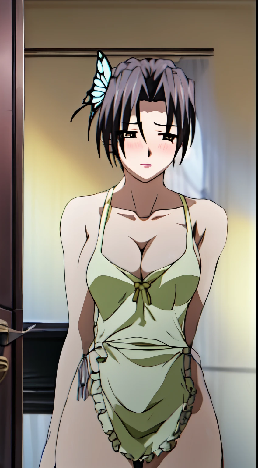 misako, black hair, butterfly hair ornament,naked ,white apron, medium size breasts, cleavage, thighs,blushing,