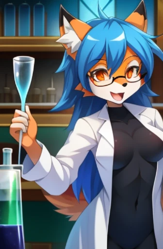 Furry girl, fox, blue hair, spiky hair, anime style, small boobs, orange eyes, high quality, detailed body, detailed eyes, detailed face, masterpiece, shiny body, best quality, skinny, :D, body fur of two tones, orange body, light orange fur, lab coat, black top, mad scientist glasses, grimoire in her right hand, alchemy laboratory,