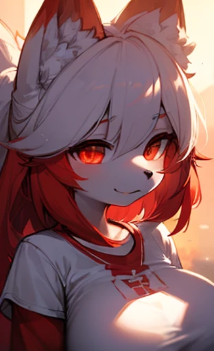 furry, white fur, ultra cute face, red elements on fur, breasts, glowing t-shirt, beautiful lights and shadows, ambient light, ultra detailed fur, volumetric light
