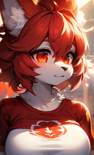 furry, white fur, ultra cute face, red elements on fur, breasts, glowing t-shirt, beautiful lights and shadows, ambient light, ultra detailed fur, volumetric light