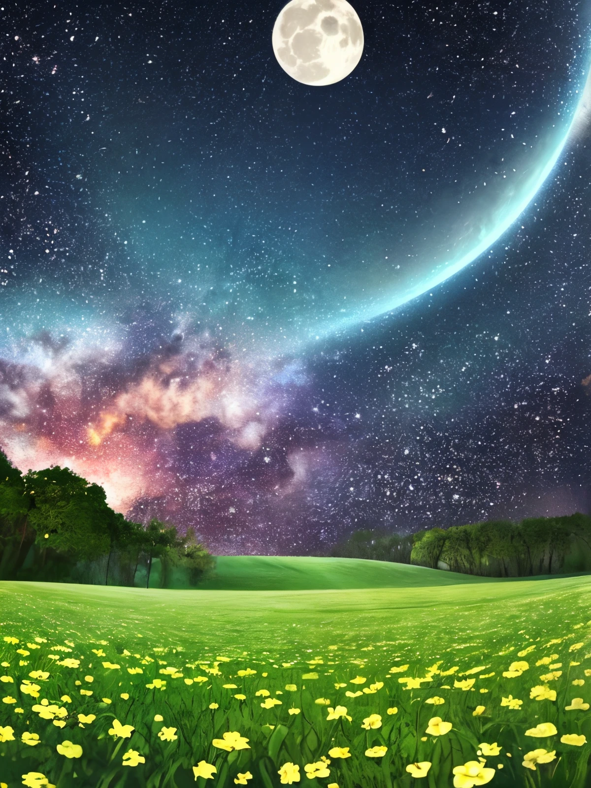 A landscape woth half a moon and a clover around, all in a universe