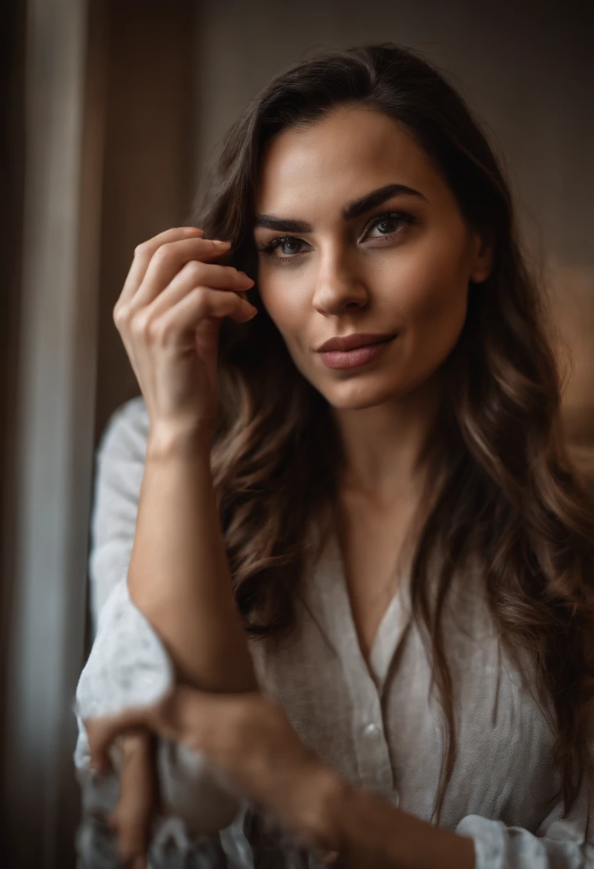 Female taking selfie in the mirror, lips perked, finger on her cheek