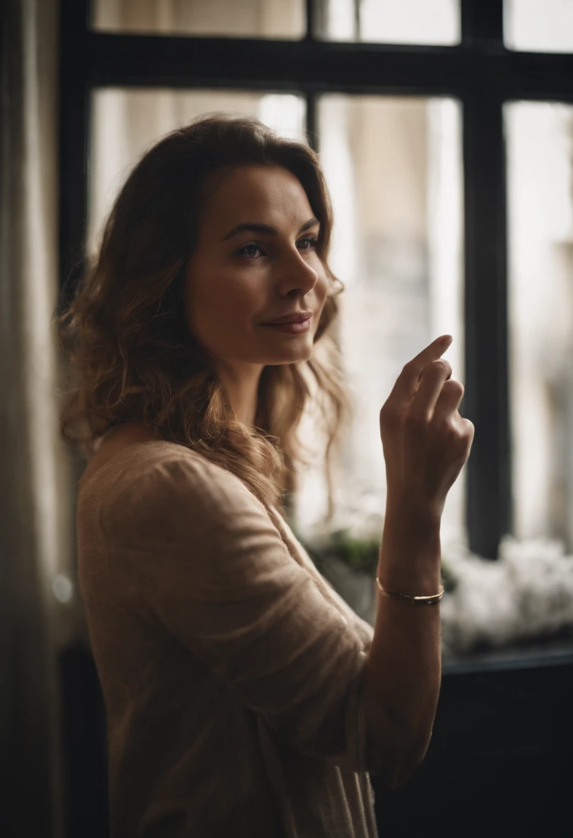 Female taking selfie in the mirror, lips perked, finger on her cheek