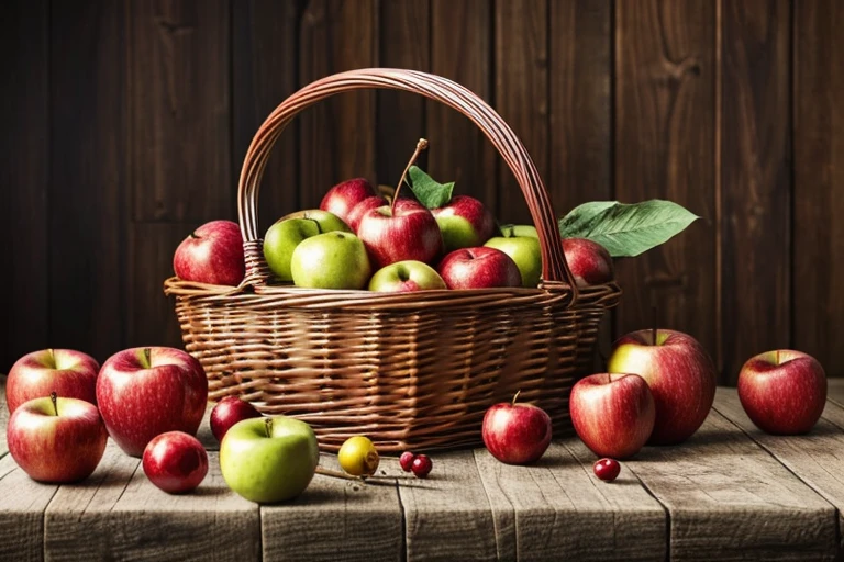 Christmas (high-quality:1.2)(ultra-detailed)(realistic:1.37),oil painting,a girl holding a fruit basket, vibrant colors, sunny lighting, juicy apples,, a rustic wooden table elegant feathers scattered on the table, autumn vibes, mouth-watering fruits in a basket, the girl's joyful expression, golden morning sunlight, detailed textures of the fruits and vegetables, a touch of realism,shiny red apples, delicate basket weaving, soft feathers delicately placed next to the fruits, a sense of abundance and nature