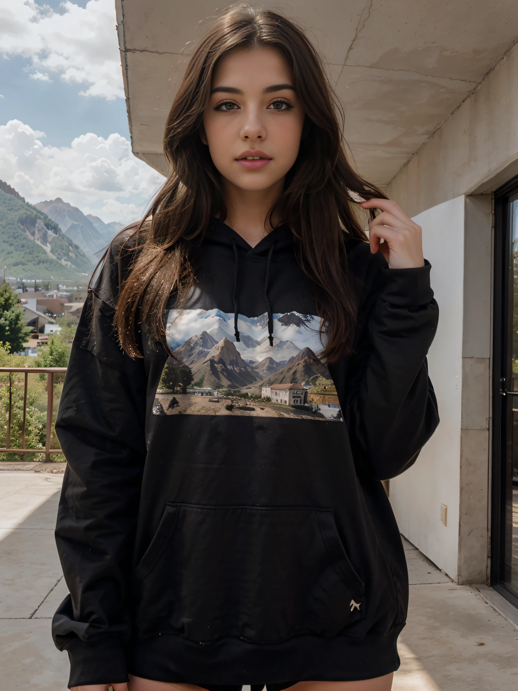 Girls outside, Berge im Hintergrund, Girl is beautiful, Beautiful brown hair, gorgeous eyes, full-body-shot, Girl wears a black hoodie, Blick direkt in die Kamera, Ultrarealistisch,