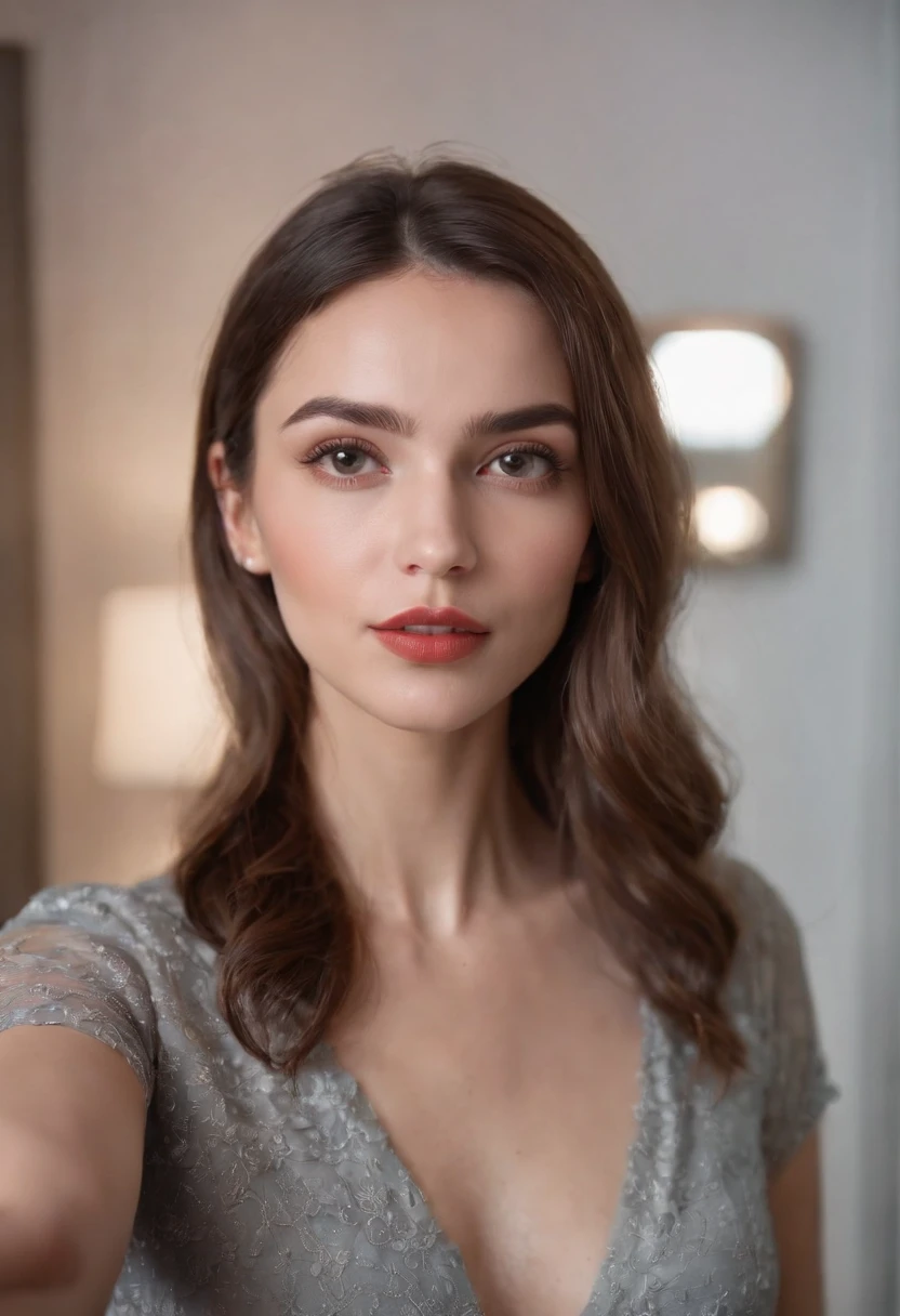 Female taking selfie in the mirror, lips perked, finger on her cheek