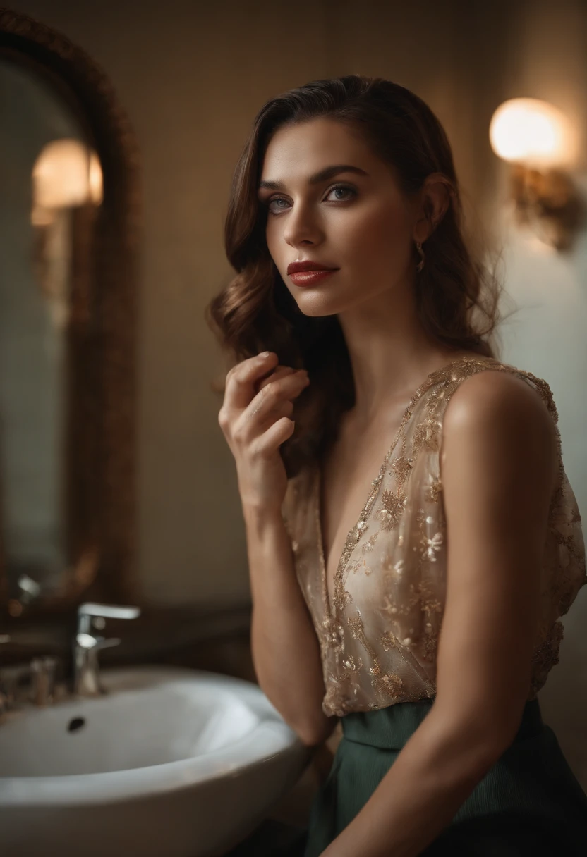 (best quality,highres),female,taking selfie,girl in the mirror,self-portrait,lips perked,posing,looking stunning,reflection of confidence,stylish clothing,mirror image,finger on her cheek,beautiful detailed eyes,detailed lips,expressive face,long eyelashes,natural light portrait,polished appearance,vivid colors,modern interior,contemporary decor,enhanced with bokeh,photorealistic,studio lighting
