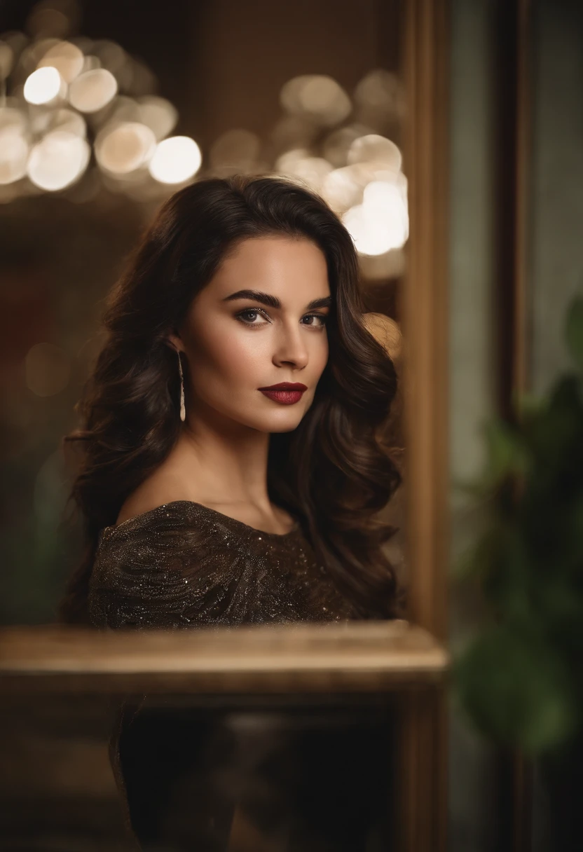 (best quality,highres),female,taking selfie,girl in the mirror,self-portrait,lips perked,posing,looking stunning,reflection of confidence,stylish clothing,mirror image,finger on her cheek,beautiful detailed eyes,detailed lips,expressive face,long eyelashes,natural light portrait,polished appearance,vivid colors,modern interior,contemporary decor,enhanced with bokeh,photorealistic,studio lighting