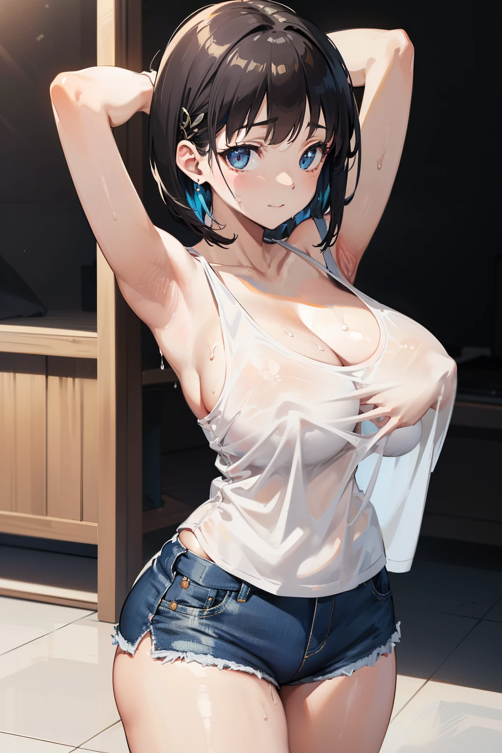 ((masutepiece, Best Quality, High resolution, extremely detailed 8K, Beautiful girl with a slender body, Ultra HD, Ultra-detailed, anime screen cap:1.3, anime colours:1.2)), suguha, (1girl in), (A dark-haired), bob cuts, facing at camera, lightsmile, (beautifull detailed face, Beautiful detailed eyes), (Large breasts: 1.2), (Huge breasts: 1.2), (White tank top, Thin material), cleavage, Dark Jeans Shorts, Cowboy Shot, Sweat, (Sunlight)