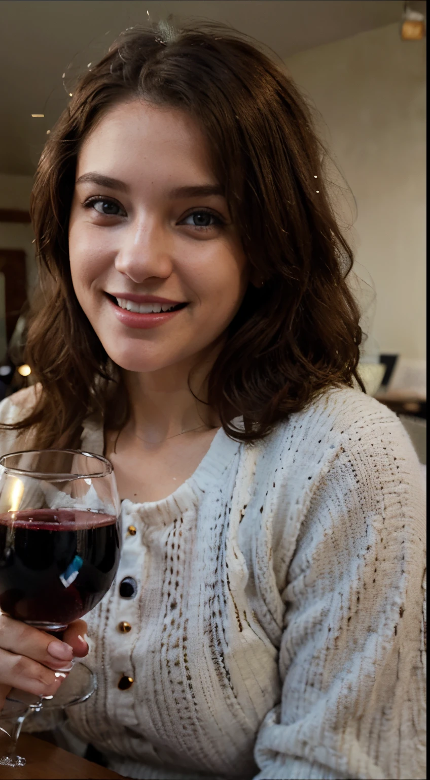 /imagine prompt: 150 cute beautiful brunette wearing winter clothes (drinking wine at home), snow on the background, very detailed, 30 years old, innocent face, medium natural brests, natural wave hair, blue eyes, high-res, masterpiece, best quality, intricate details, highly detailed, sharp focus, detailed skin, realistic skin texture, texture, see all body, detailed eyes, professional, 4k, charmer smile, shot on Canon, 85mm,shallow depth of field, Kodak vision color, perfect fit body, extremely detailed, photo_\(ultra\), photorealistic, realistic, post-processing, max detail, roughness, real life, ultra realistic, photorealism, photography, 8k uhd, photography (film grain) medium shot to close up shot happy smiling atmospheric dark lighting