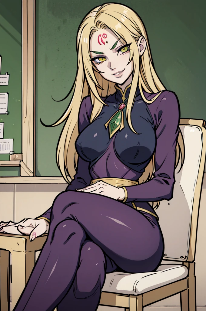 1girl, solo, 16 years old, loose blond hair, wearing velvet red leggings and green sweather, sitting on a chair in classroom, crossing legs, smiling embarassed, side view, bare forehead, hooked nose, puffy cheeks, small breast, alluring, flirty, confident, scornful look, malicious smirk, detailed face, detailed yellow eyes, detailed irises, thick fleshy lips, medieval, high res, best quality, ultrasharp, 8K, cinematic, green wall behind