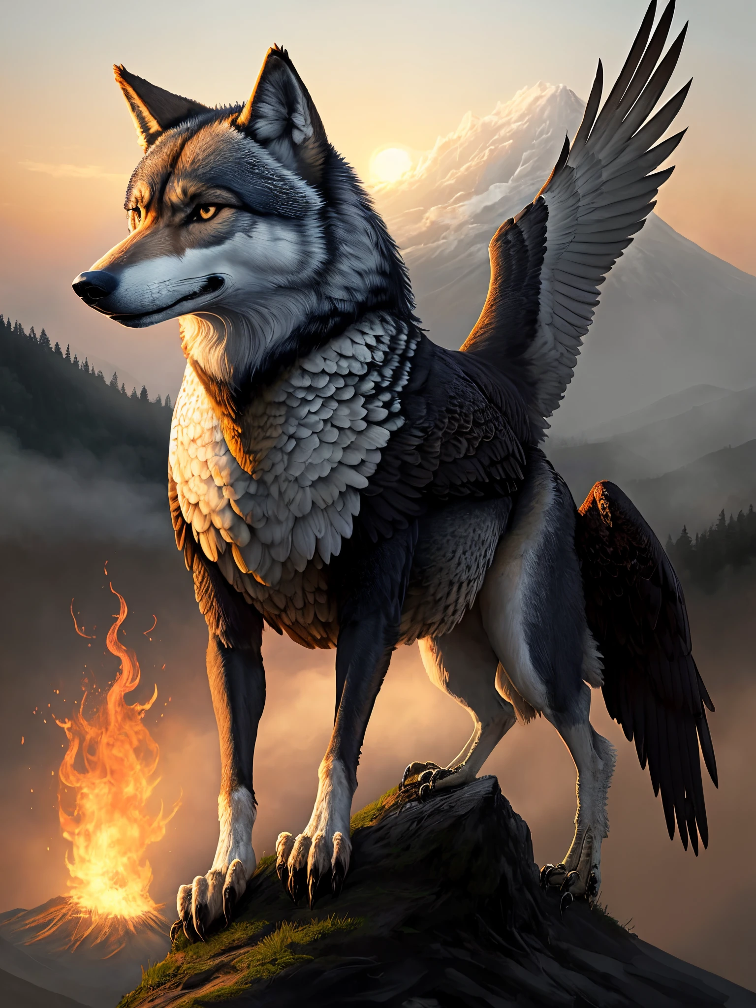 Create an image of a wolf facing an eagle, estilo medieval, com fogo.