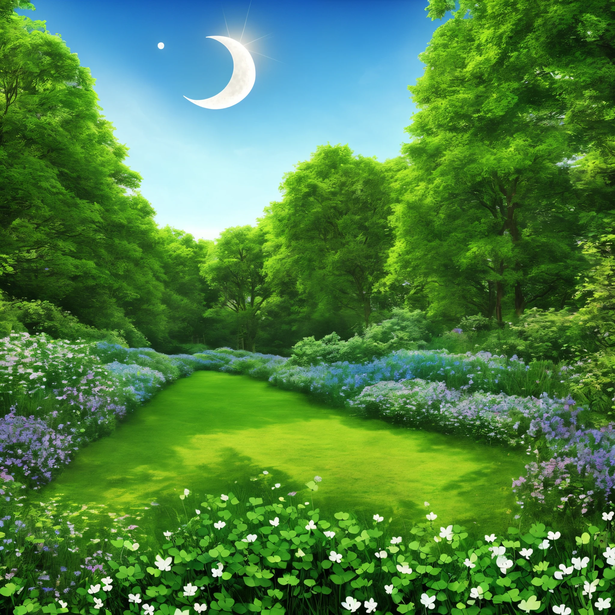 A landscape with half-moon, a clover of four leaves around and with sky blue and green colors, realistic