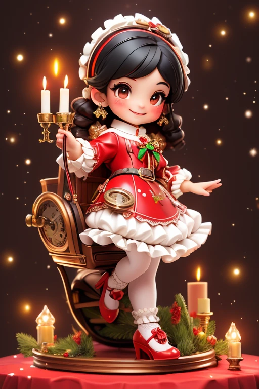 masterpiece, best quality, a girl smiling slouching on steampunk sleigh, (black hair), christmas (crop shirt), christmas skirt, white tights, (((red lolita pumps))), holding a steampunk candle, magical garden at night, magic sparkles floating,