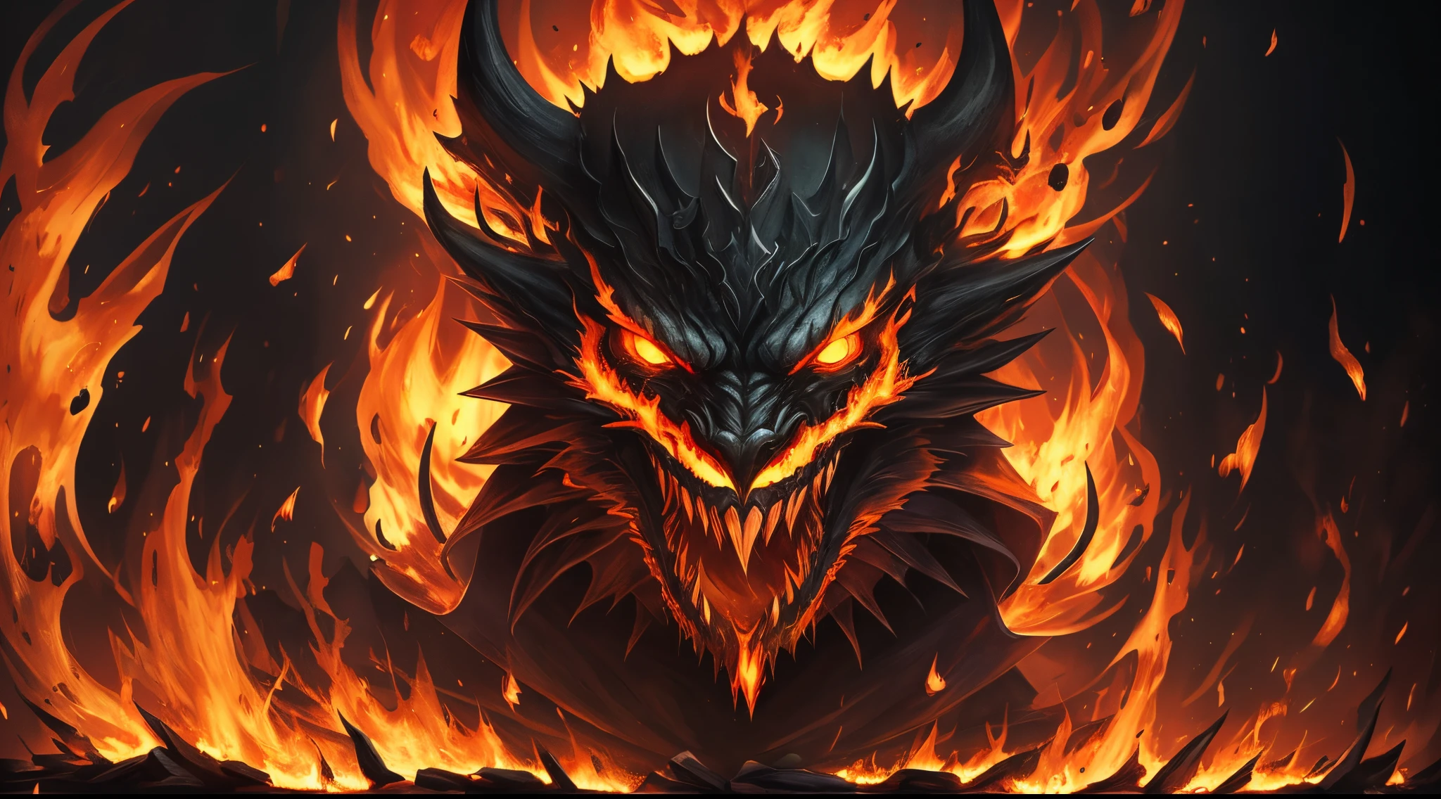 A black, tattered demon with glowing, empty eyes, curved claws and a distorted, greedy grin. Its skin, marked by fire, looks as if it is constantly on fire. --auto --s2