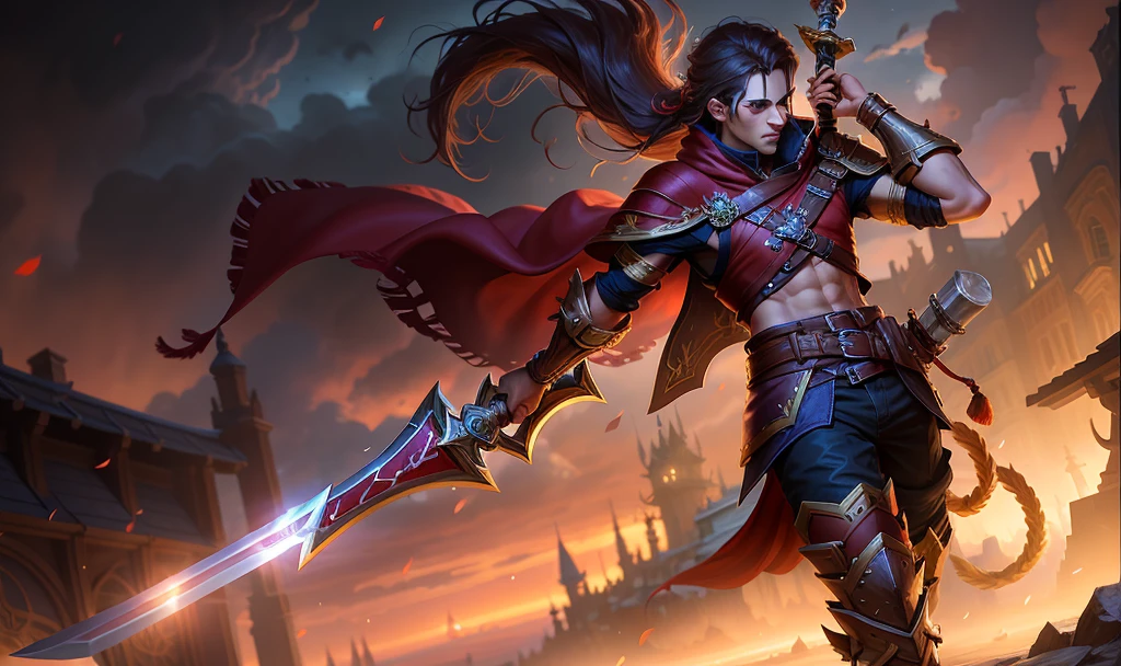 Man holding sword and red cloak on cloudy day，Yaso, league of legends art, Iconic, Yaso, artistically, 《league of legend》Yaso, Riot Games Concept Art, Yaso, from league of legends, Yaso, Very detailed ArtGerm, wild rift，Special details，フォトリアリスティック，