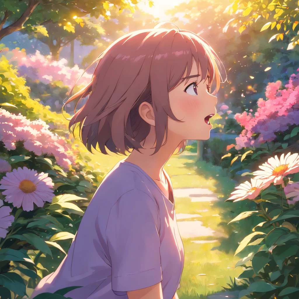 A cute female stretching out and yawning in a vibrant garden, surrounded by blooming flowers and lush greenery. She has beautiful detailed eyes, rosy cheeks, and slightly parted lips in the midst of a wide yawn. Her long eyelashes add a touch of elegance to her expressive eyes. Her face is full of life and joy as she stretches her arms above her head, basking in the warm sunlight. The garden is filled with various shades of pink, purple, and yellow flowers, creating a picturesque scenery. The atmosphere is peaceful and serene, with a gentle breeze rustling the leaves. The image is of the best quality, with ultra-detailed features. It has a realistic and photorealistic style. The colors are vivid and the lighting is natural, with soft rays of sunlight illuminating the scene.