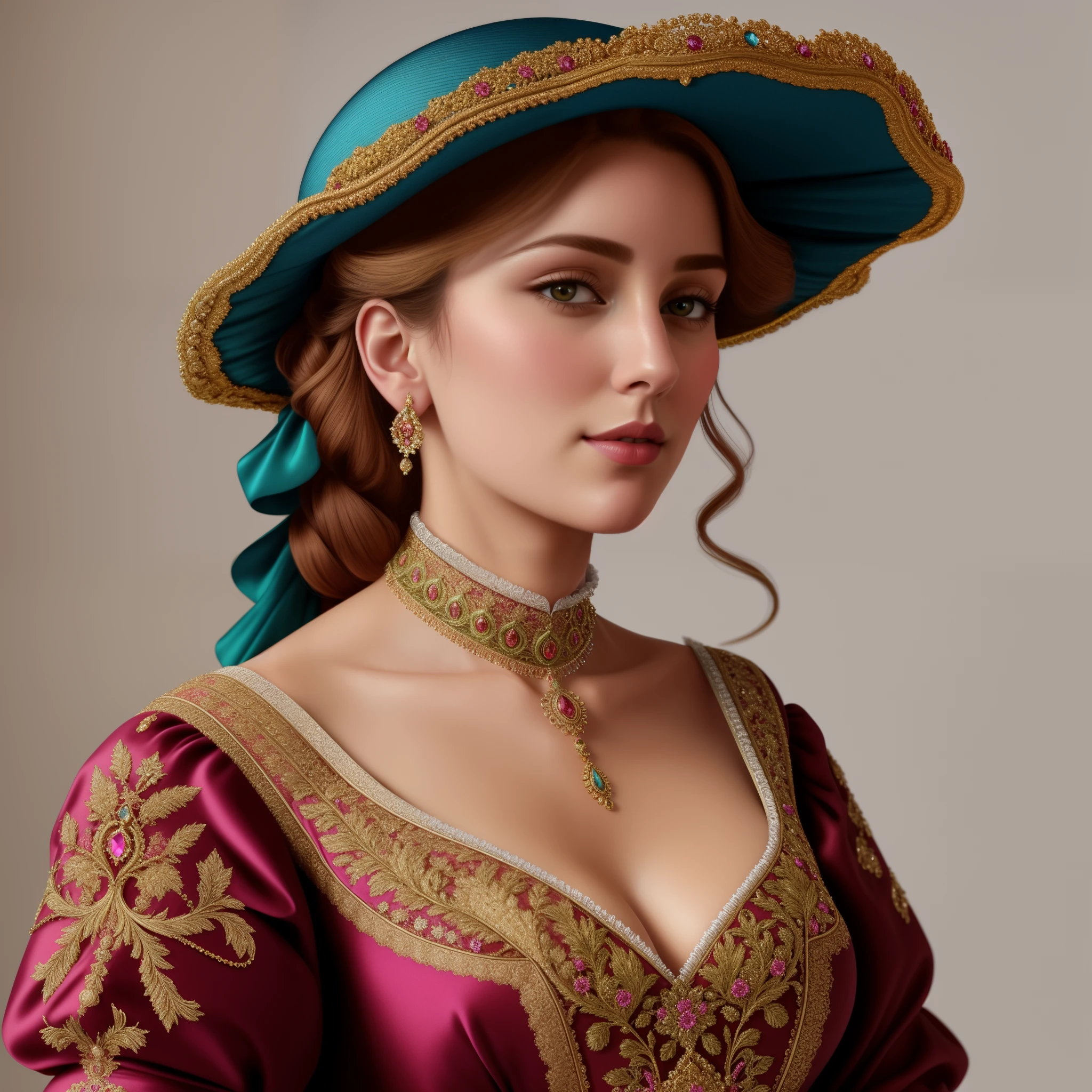 (best quality,4k,8k,highres,masterpiece:1.2),ultra-detailed,(realistic,photorealistic,photo-realistic:1.37),portrait,lady,magnificent outfit,gown,dress,hat,15th century renaissance style,hubert van eyck,5d,painting,detailed face,detailed eyes,cinematic 4d rendering,rich 3d rendering,rich background,colorful,soft lighting,vibrant colors,ornate,exquisite jewelry,ornaments,finely textured fabric,delicate lace,floral patterns,classical beauty,graceful demeanor,elaborate headpiece,feminine charm,subtle smile,serene expression,thoughtful gaze,regal posture,sophisticated,partially obscured background,impeccable details,impressive brushwork,period fashion,embroidered detailing