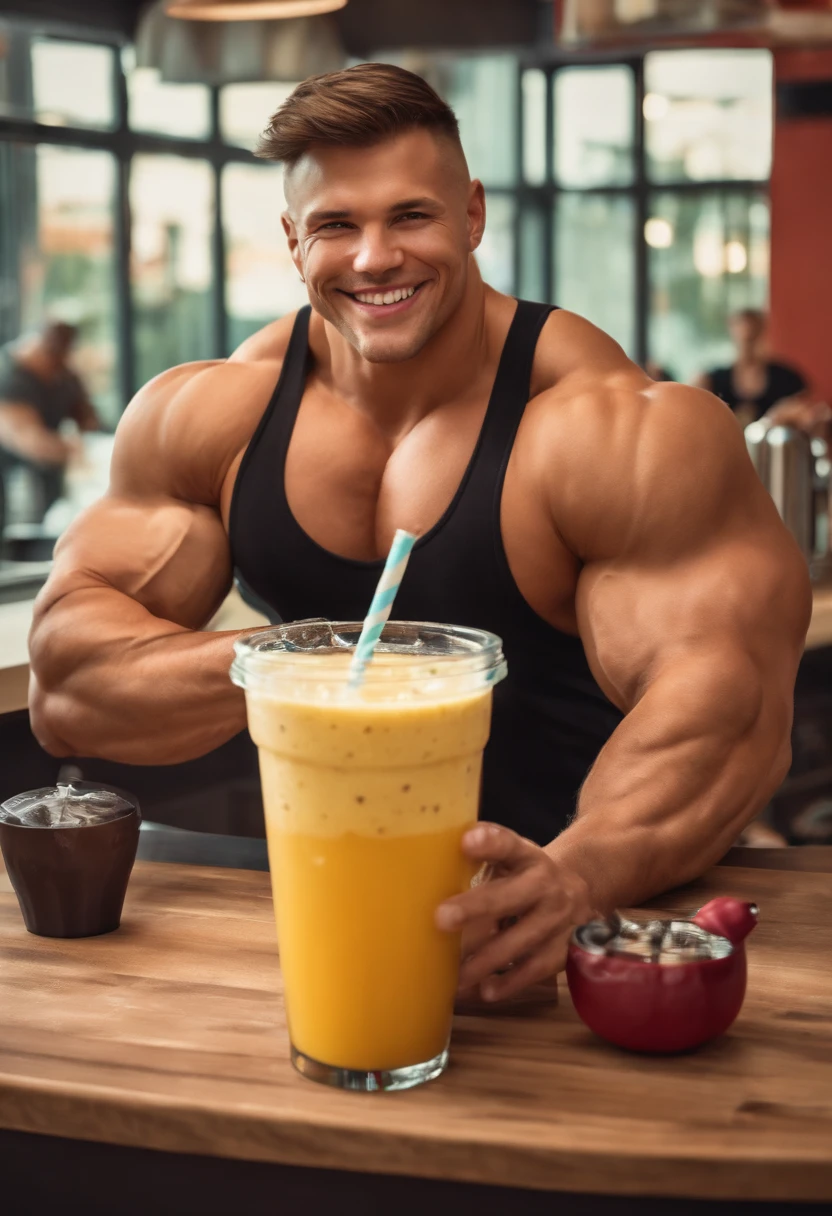Jailson Mendes from the overly muscular meme drinking a jug of orange juice while sitting on a rustic wooden chair 
