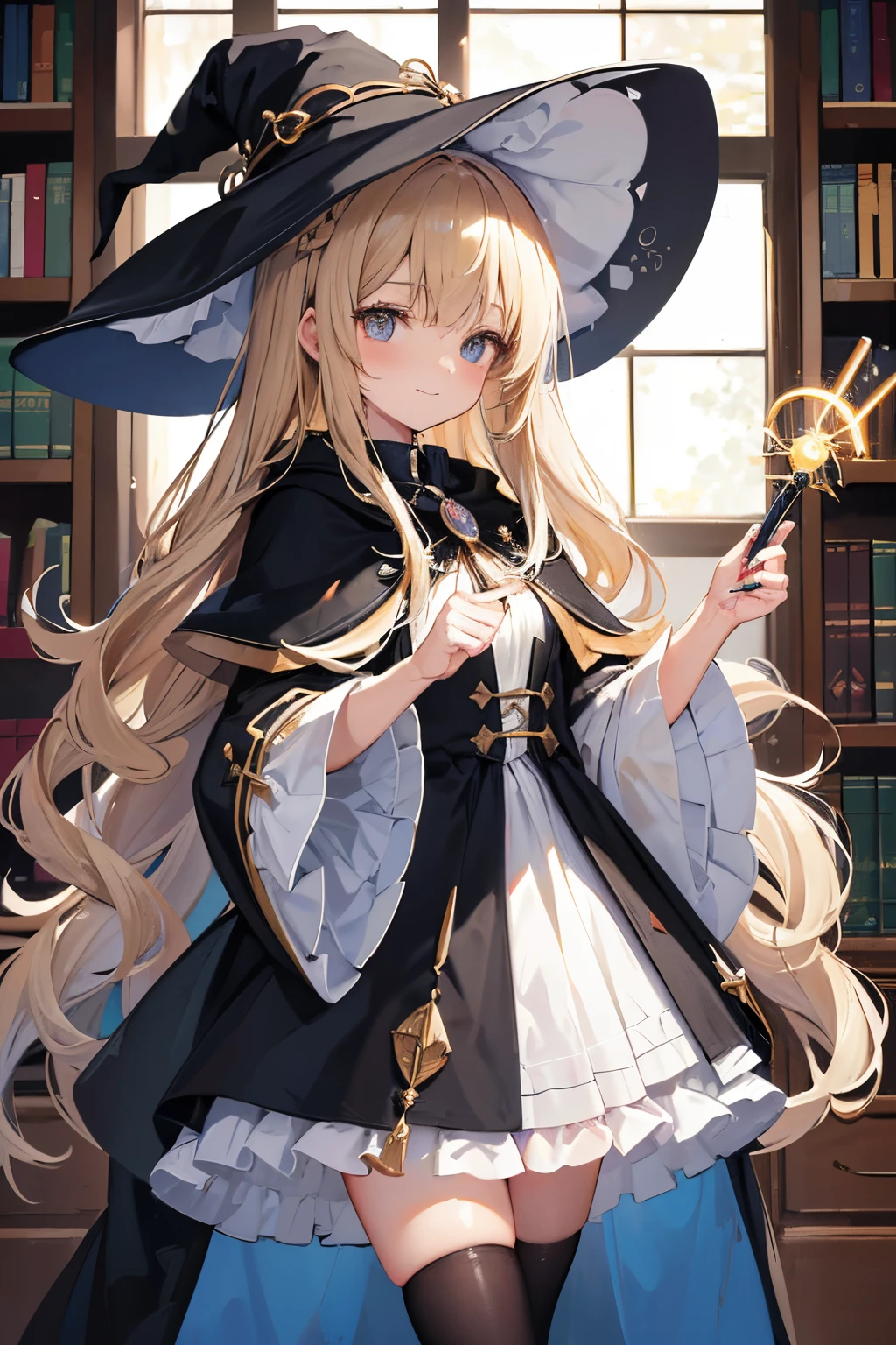 ((Masterpiece)), (RAW photo: 1.2), (Professional Photography:1.2), (High Definition:1.3), , ((the witch)), smile, fluffy hair, long beige hair, ((the witch)), (fluffy hair), Ivory long hair, Witch robe and fluffy skirt, ((she has a big magic wand in both hands.:1.3)), (Beautiful Black big Witch Hat), Holding a magic wand with both hands, kawaii, (in the library room), Do not look at the viewer