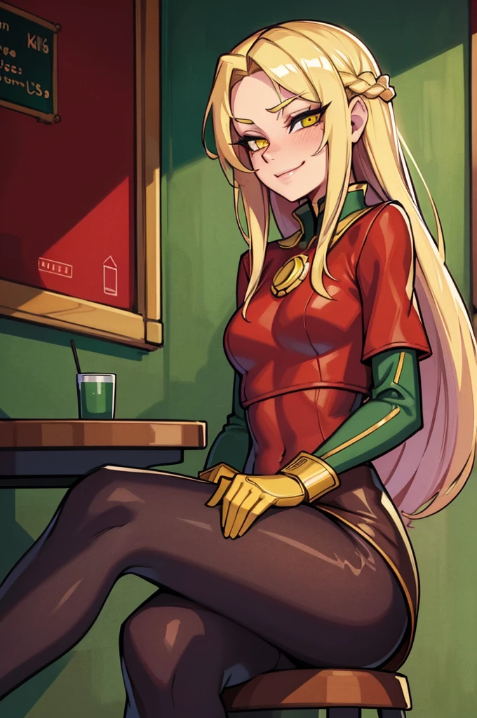 1girl, solo, , loose blond hair, wearing velvet red leggings and green sweather, sitting on a chair in classroom, crossing legs, smiling embarassed, side view, bare forehead, hooked nose, puffy cheeks, small breast, alluring, flirty, confident, scornful look, malicious smirk, detailed face, detailed yellow eyes, detailed irises, thick fleshy lips, medieval, high res, best quality, ultrasharp, 8K, cinematic, green wall behind