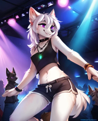 Solo, a female white wolf, feminine, long white hair, purple eyes, black nose, cute snout, white wolf tail, white fluffy ears, wearing black tank top, black shorts, fishnets on legs, fishnet arm warmers, purple eyes, mouth open, smiling, raised eyebrows, dancing at a rave party, large detailed warehouse, on the dance floor, surrounded by people, flashing lights, glowing purple bracelets on wrists, glowing green necklace, high quality, good anatomy, nice hands, 5_fingers:1.1, clenched fists, canine teeth, by kenket, by Ross Tran, by ruan jia, by zaush, by foxovh, by Zackary911, by hyattlen, by teranen, by fumiko, by Pixelsketcher, by Bayard Wu, by Thomas Benjamin Kennington, by Einshelm, by Kilinah, by Coffeesoda, by Hioshiru, by fluff-kevlar, by r-mk, by Dimwitdog, by CoolieHigh
